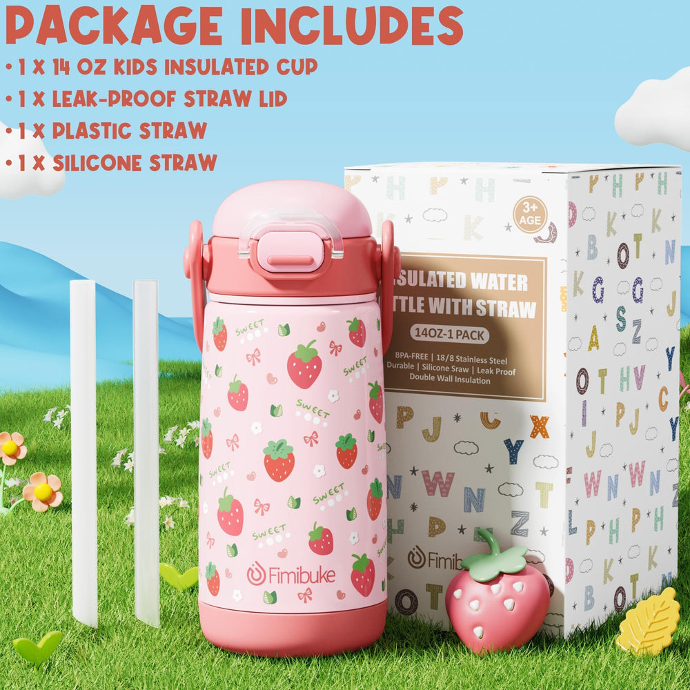 Fimibuke 14oz bottle with carry handle fits small hands and backpacks.