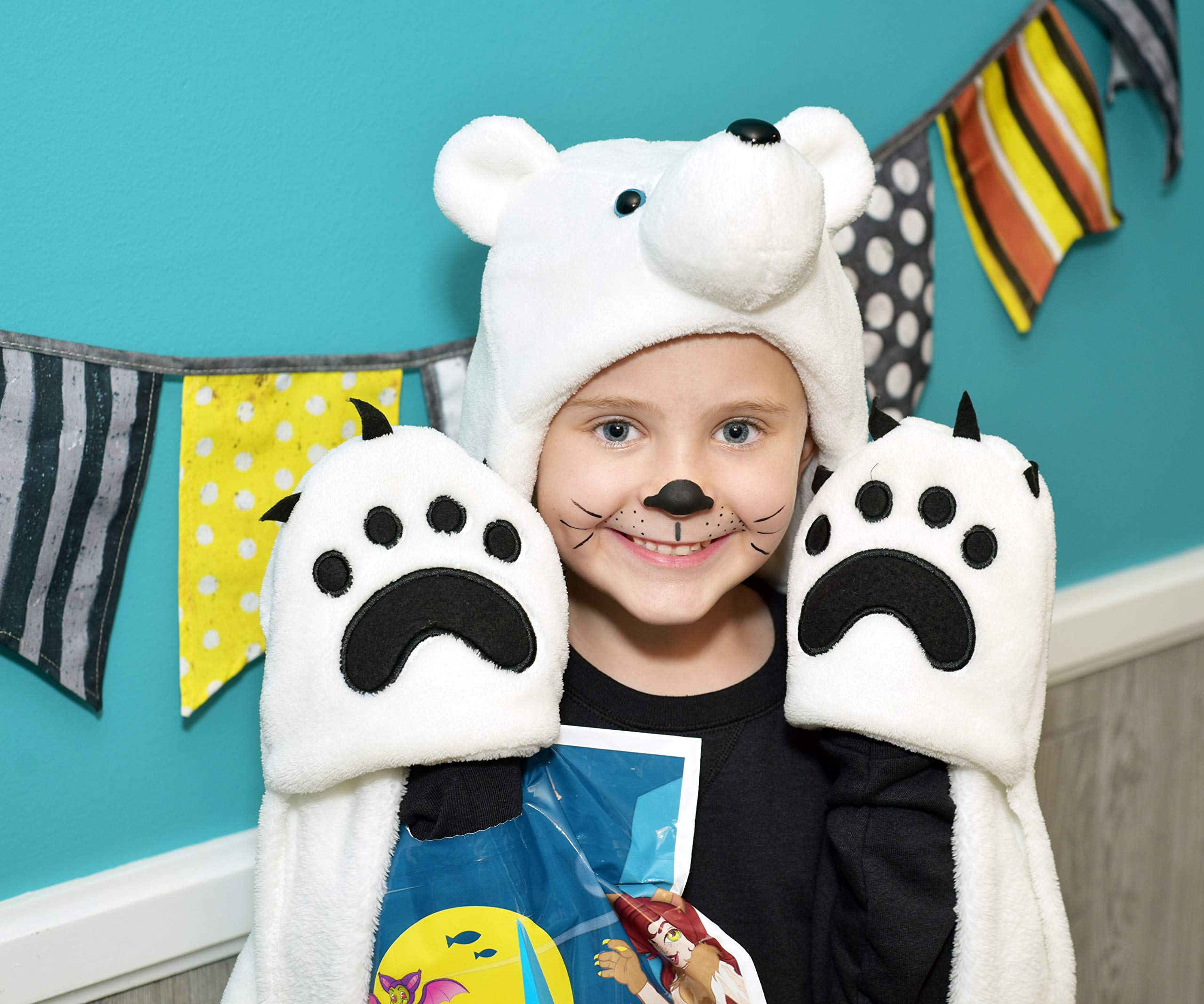 Fin Fun Polar Bear hooded blanket lounging time on a kid for warmth.