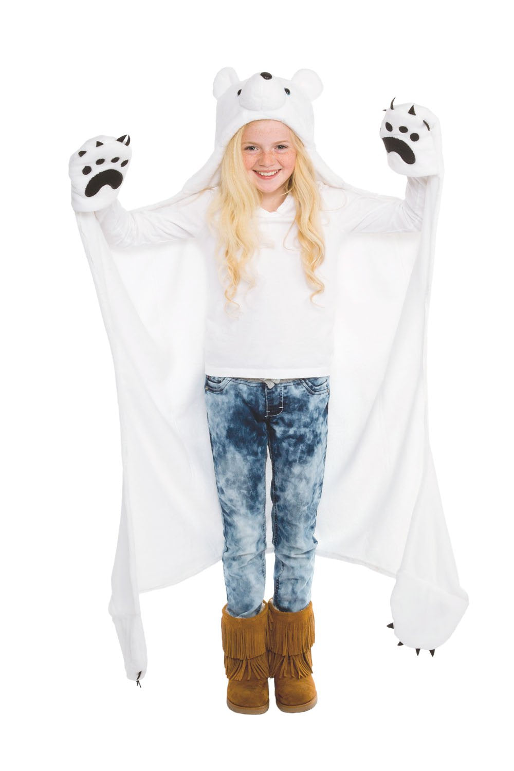 Fin Fun Polar Bear hooded blanket close-up pocket paws for cozy playtime.