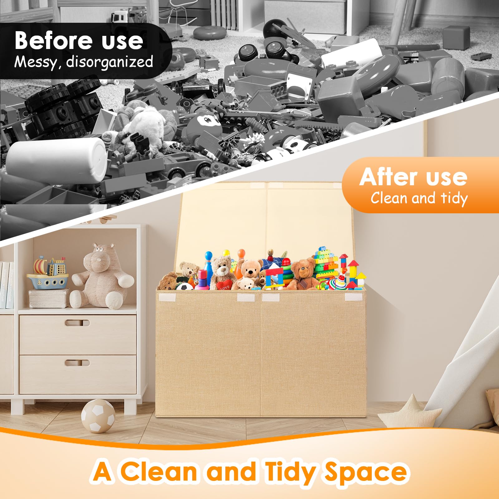Fineonly linen fabric toy bin shows removable divider for easy sorting.
