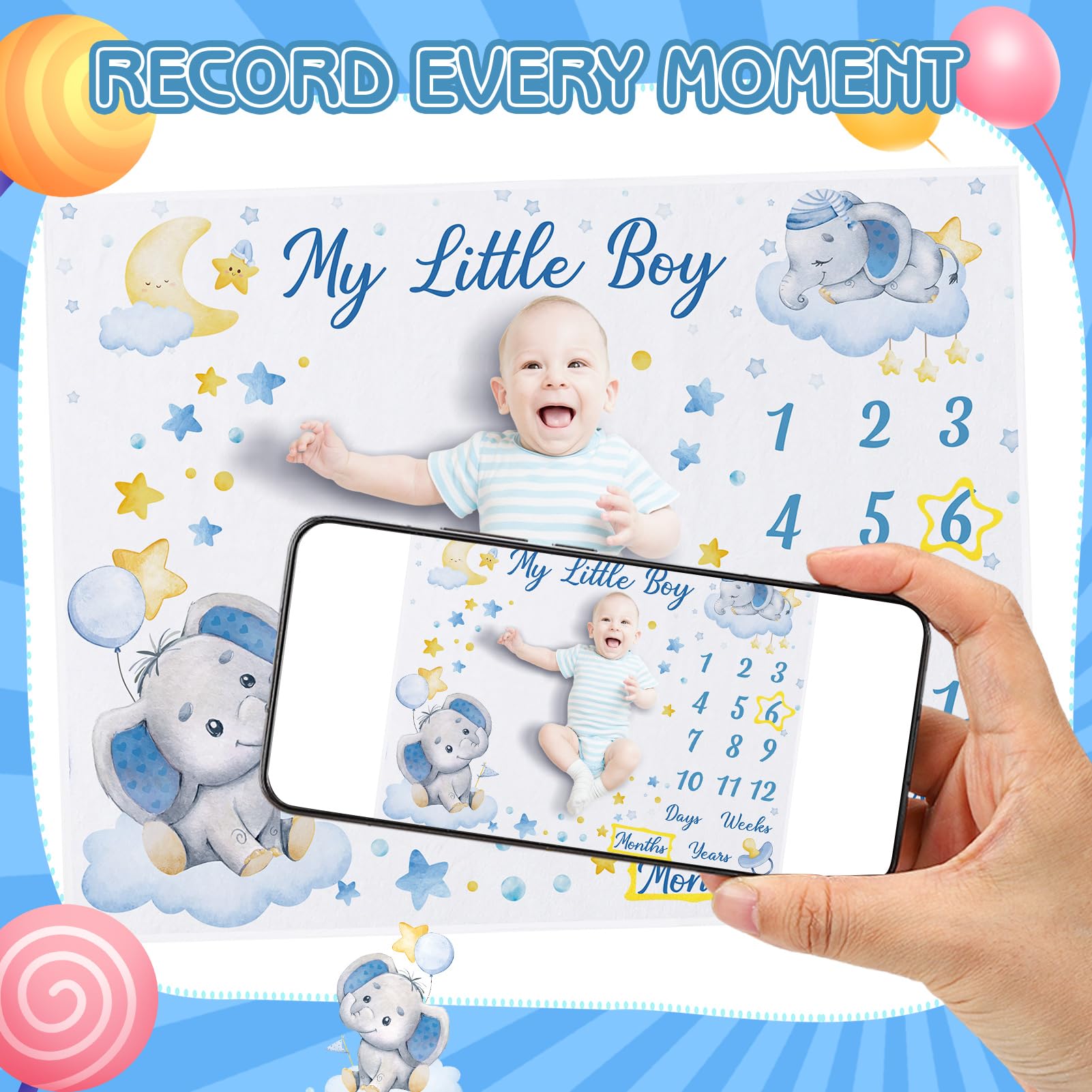Fingertip WD baby photography background enhances shoots with elephant theme.