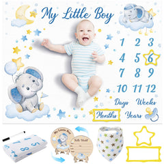 Fingertip WD elephant milestone blanket laid flat for a warm newborn photography backdrop.
