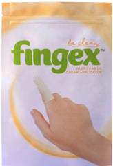 Fingex closeup soft-tip shows gentle, controlled lotion application for baby care.