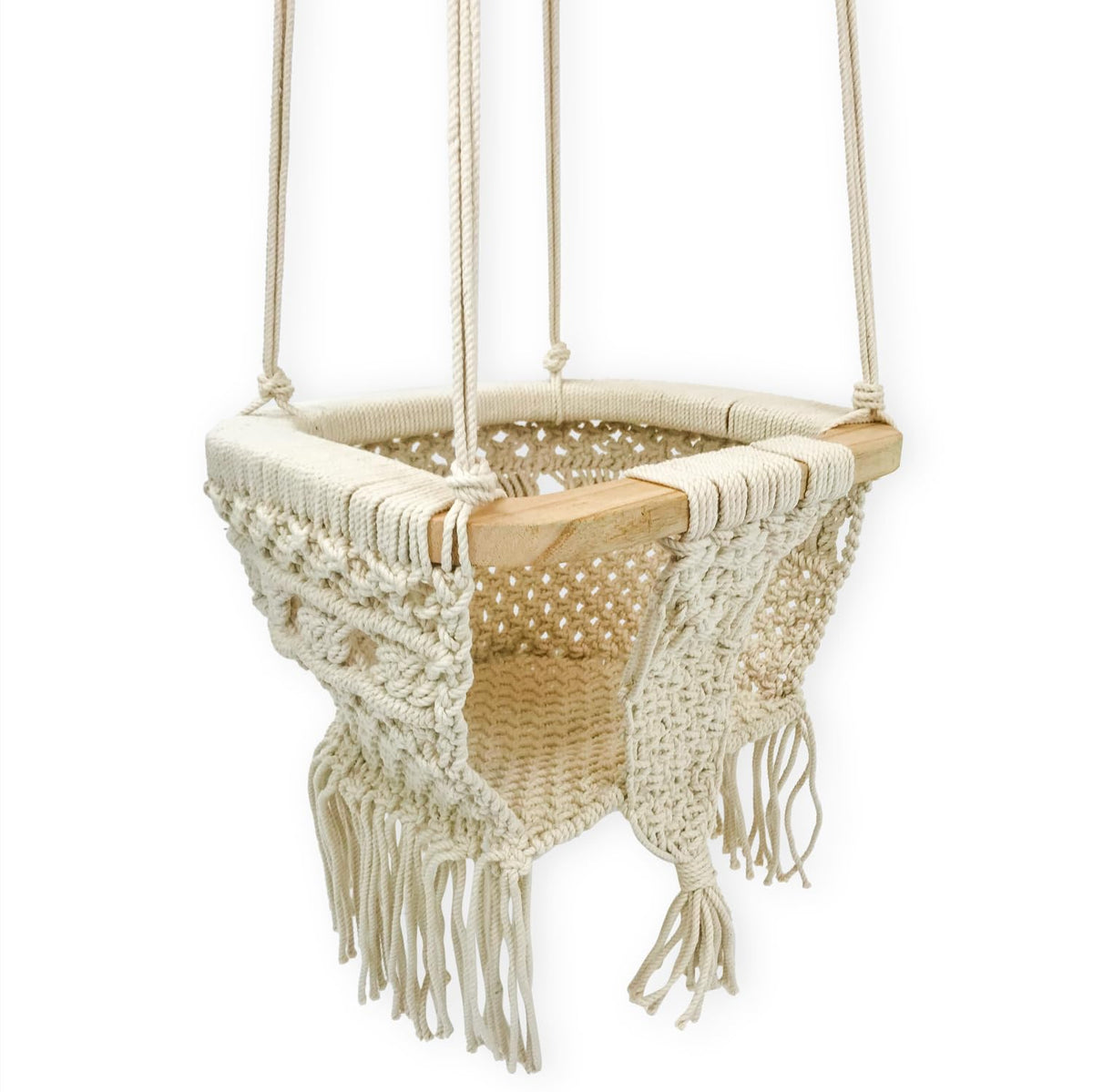 Finn + Emma baby swing with solid wood bar for a sturdy, soothing nursery accessory.