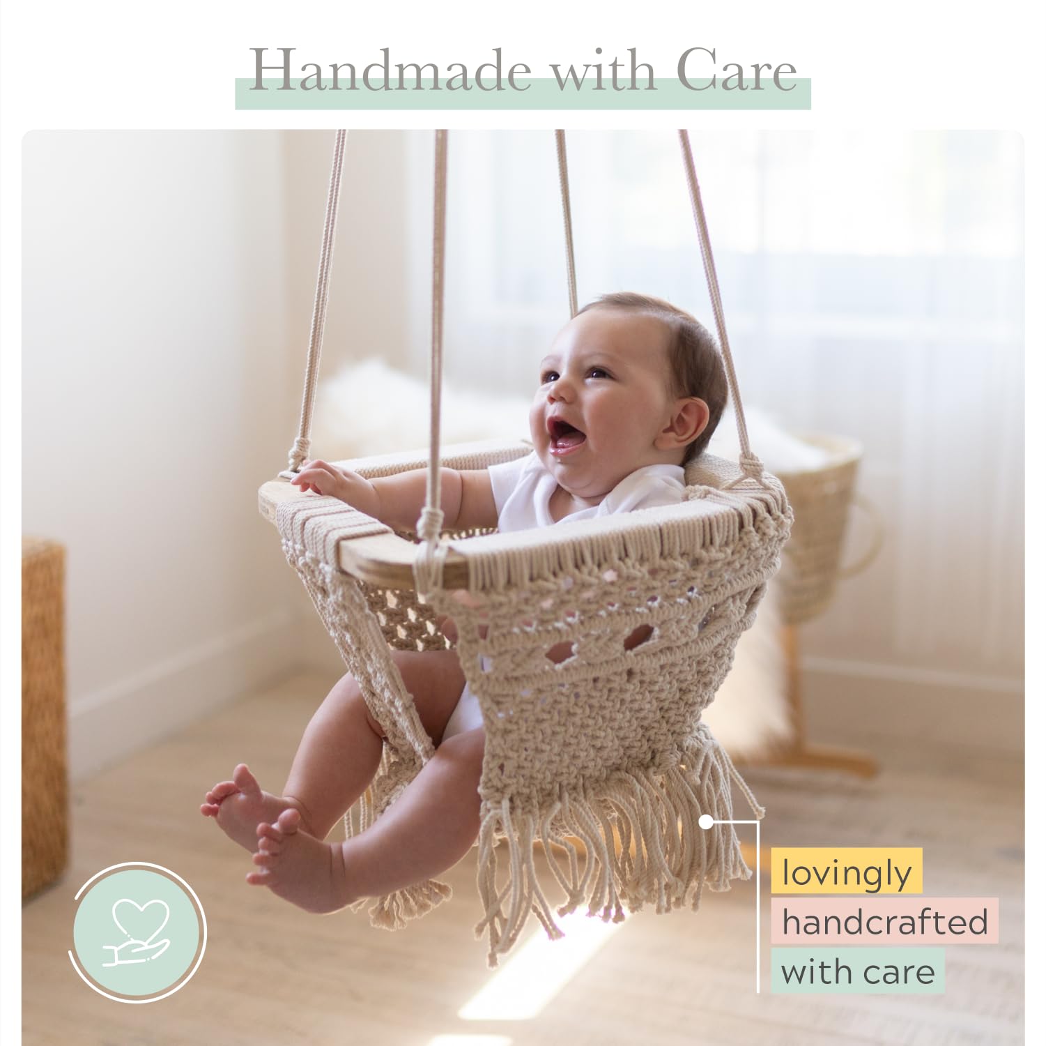 Finn + Emma organic cotton macrame detail adds soft texture and breathable comfort for infant play.