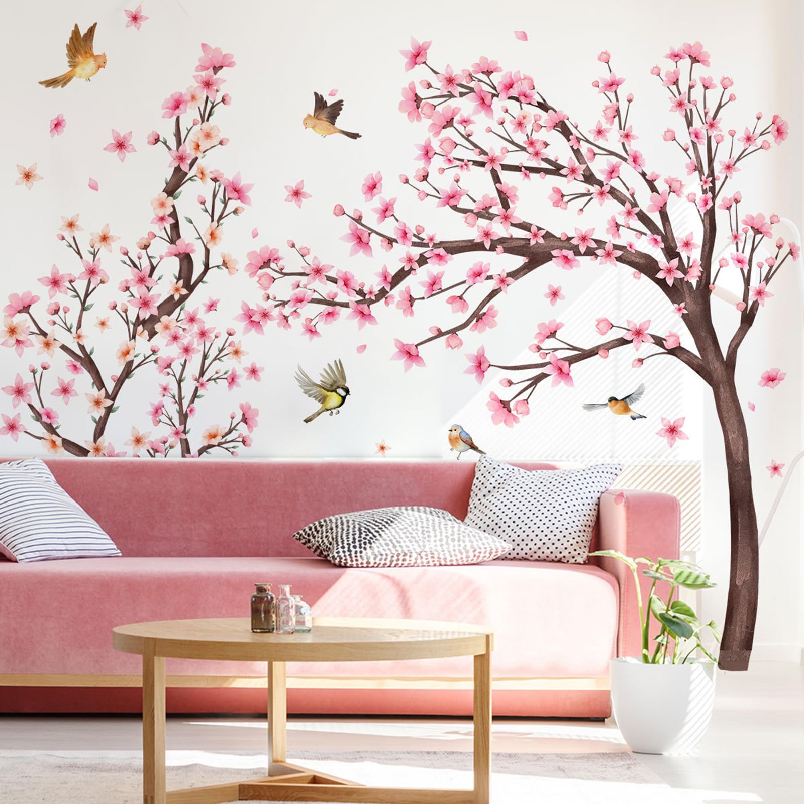 Finpletai cherry blossom tree wall stickers demonstrate versatile placement on walls, glass, and furniture.