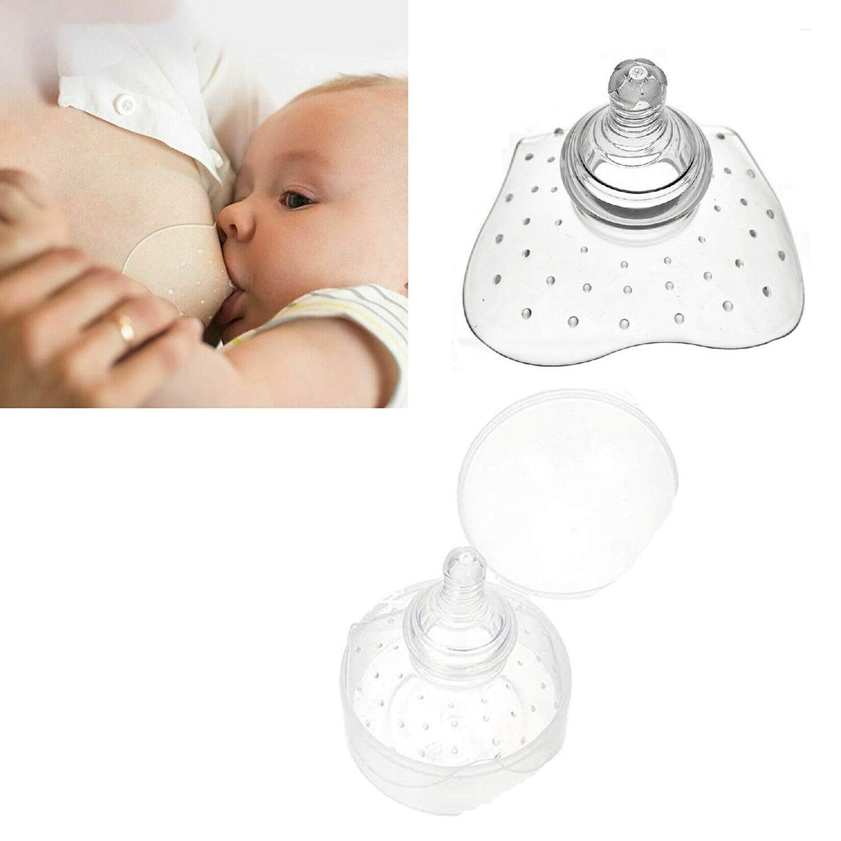 Finever nipple shield packaging highlights safe silicone for feeding prep.