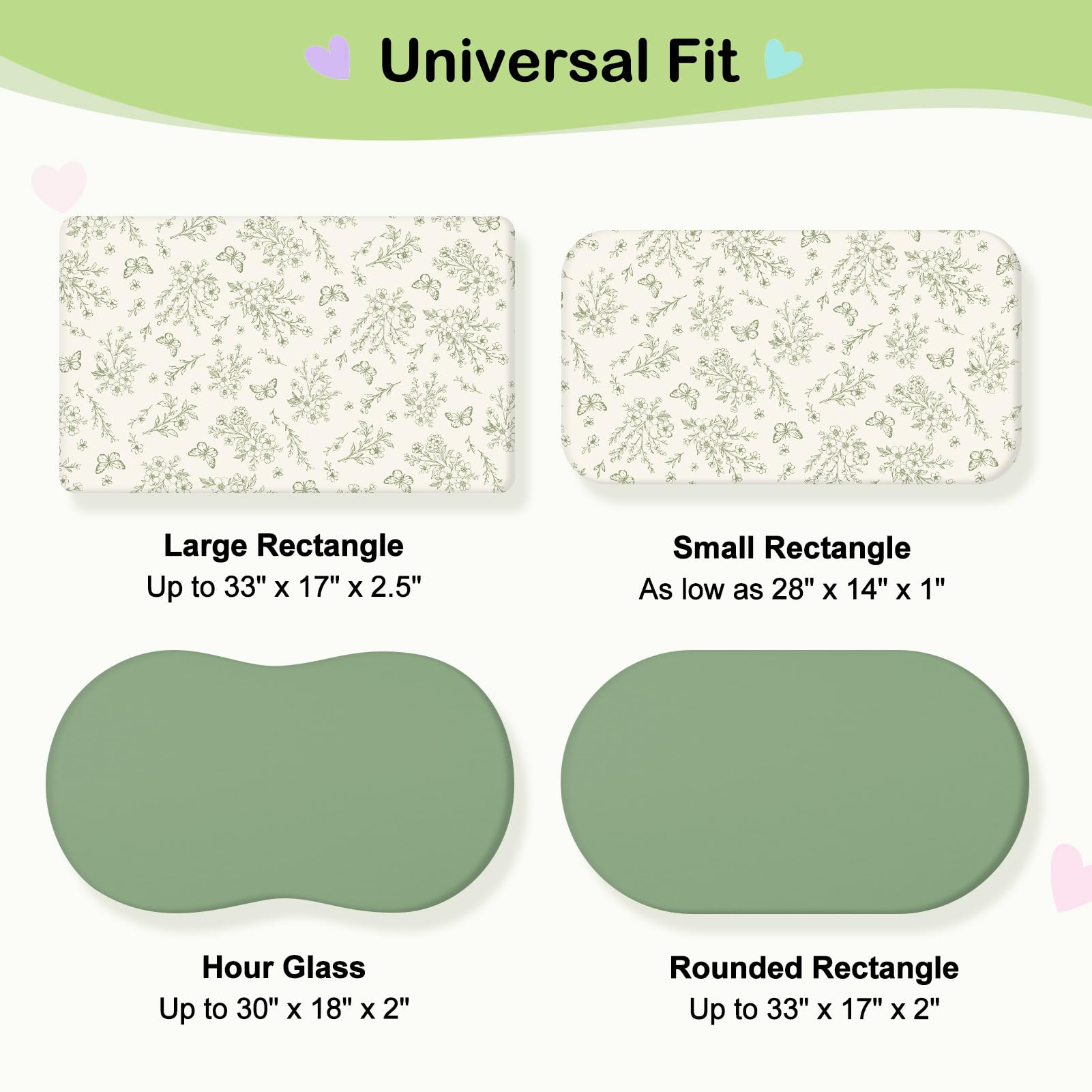 Universal green fit adapts to oval, hourglass, and rectangular bassinets.
