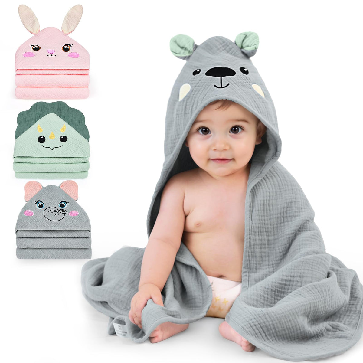 FIOBEE hooded towel with gray bear hood for gentle warmth at bath time