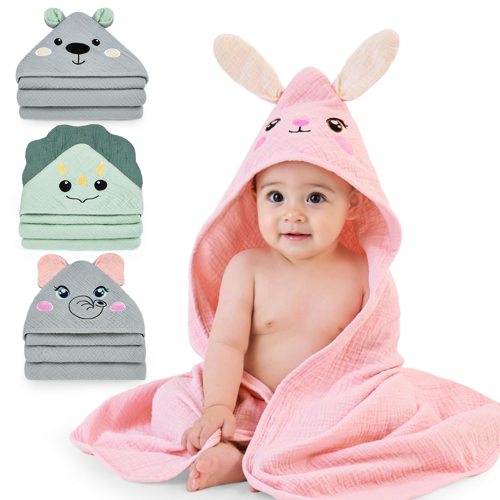 FIOBEE hooded towel pink bunny face for adorable bath-time photos.