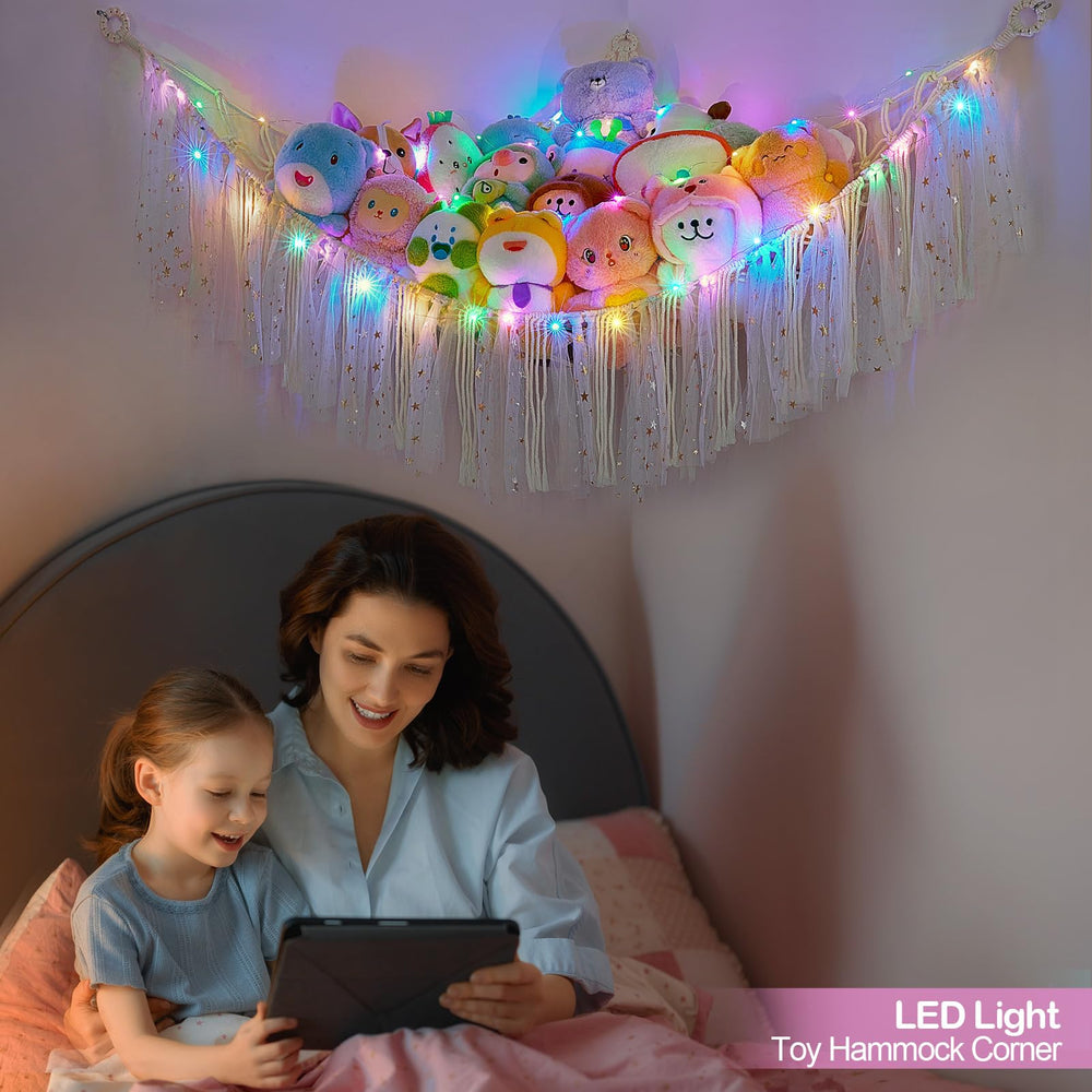 FIOBEE LED string light creates warm night ambience around plush display.
