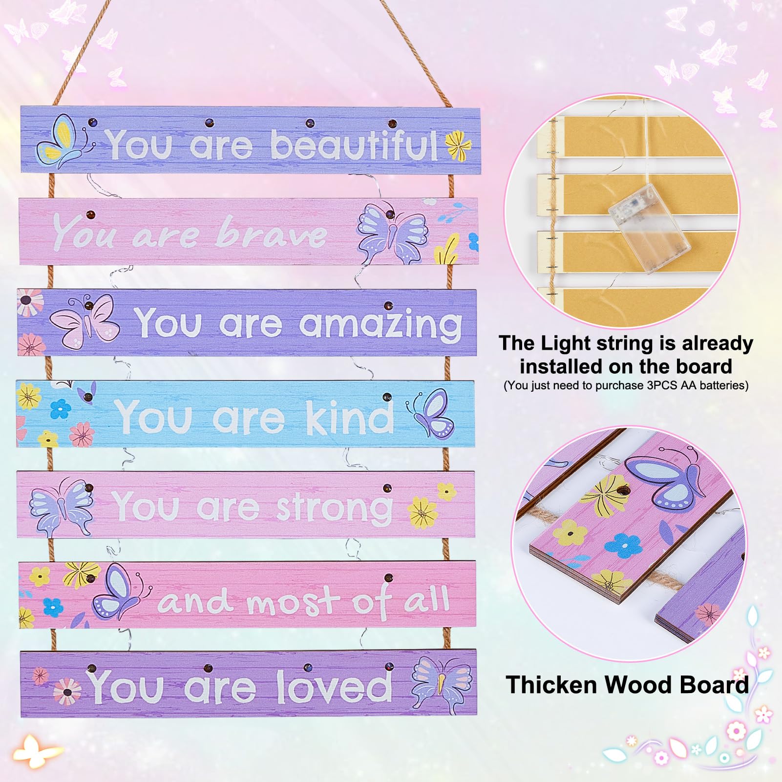 FIOBEE purple-butterfly-led-wall-art-5 features seven wooden panels for a layered wall display.