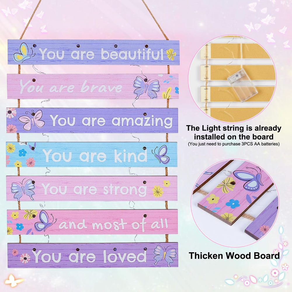 FIOBEE purple-butterfly-led-wall-art-5 features seven wooden panels for a layered wall display.