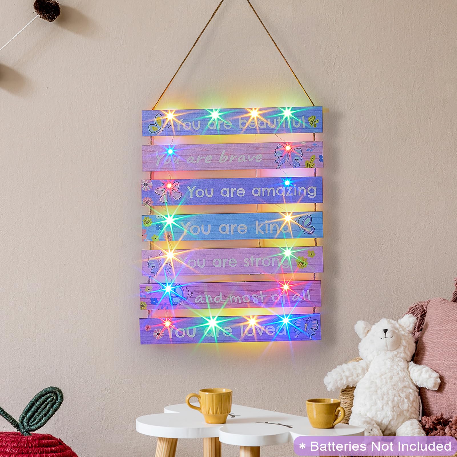FIOBEE purple-butterfly-led-wall-art-8 is easy to hang with included hemp string.
