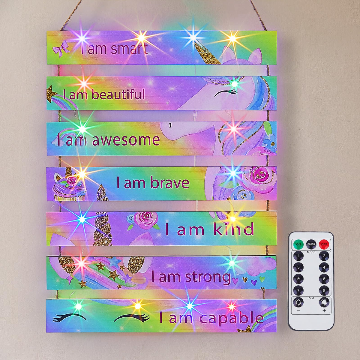 FIOBEE rainbow unicorn wall art with LED lighting creates a cozy teen study nook.