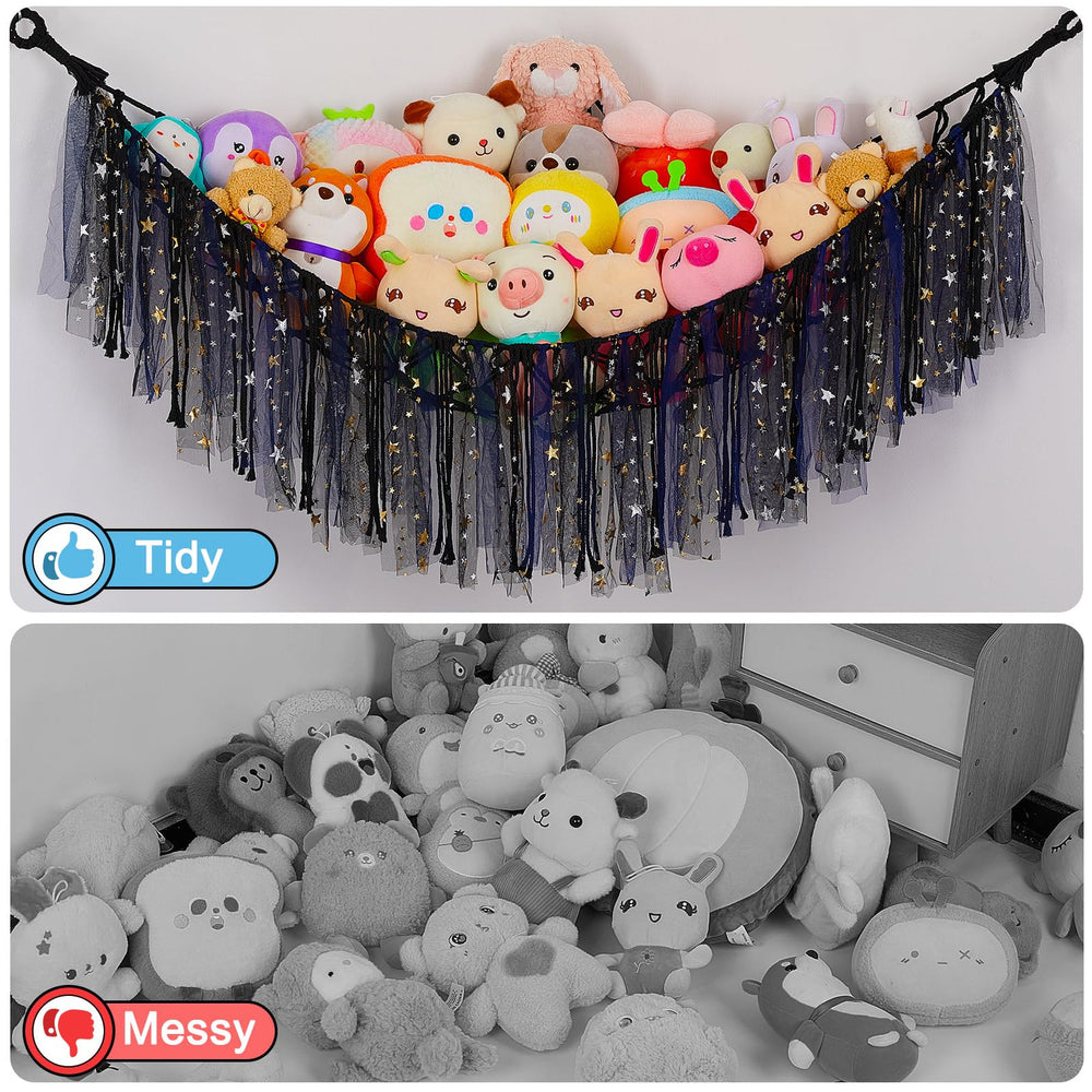 FIOBEE handwoven rope net securely holds plush toys while showcasing them.
