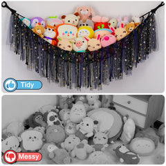 FIOBEE handwoven rope net securely holds plush toys while showcasing them.