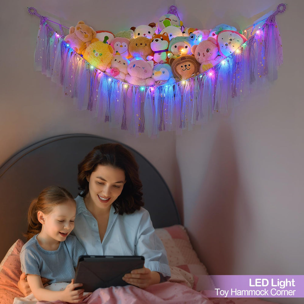 Fiobee stuffed animals hammock three-hooks-install illustrates quick mounting in a corner.