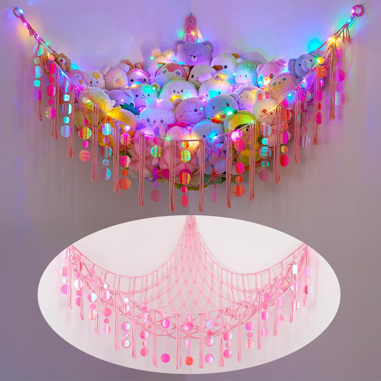 FIOBEE stuffed animals hammock front sequins reflect light for playful storage.