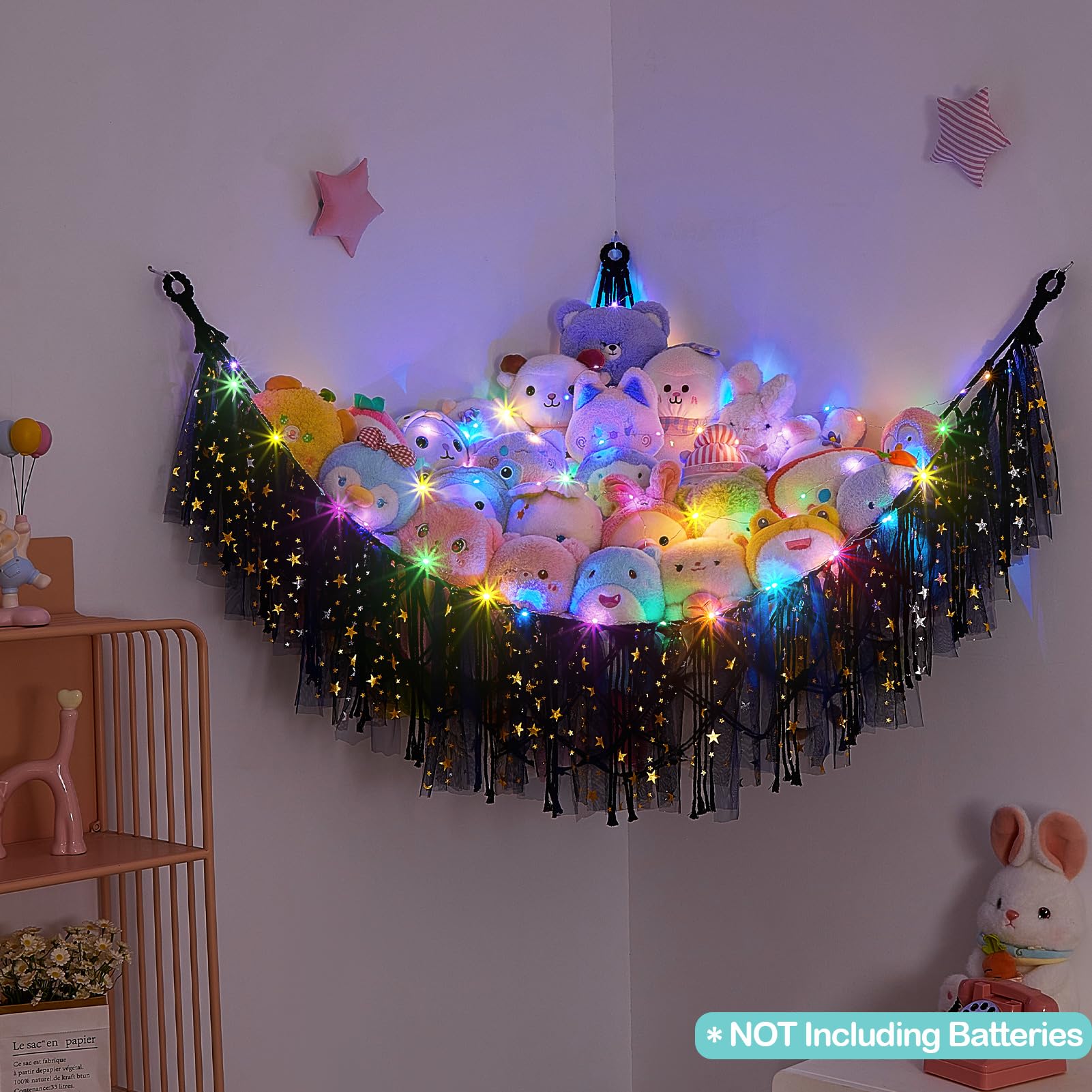 FIOBEE toy organizer net hung in a corner saves floor space.