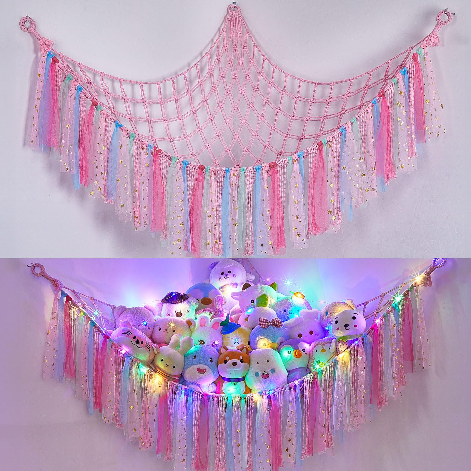 FIOBEE stuffed animals hammock with LED light – front view keeps toys organized and cozy.