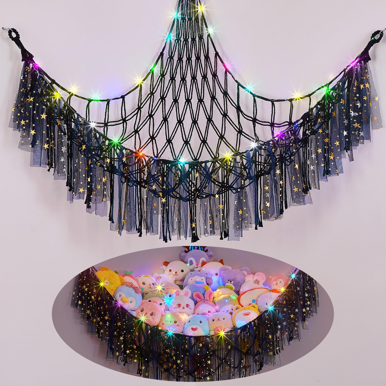 FIOBEE stuffed animals hammock with LED light brightens a nursery corner.
