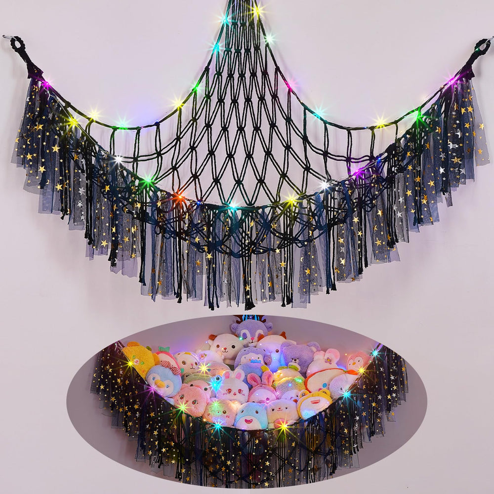 FIOBEE stuffed animals hammock with LED light brightens a nursery corner.