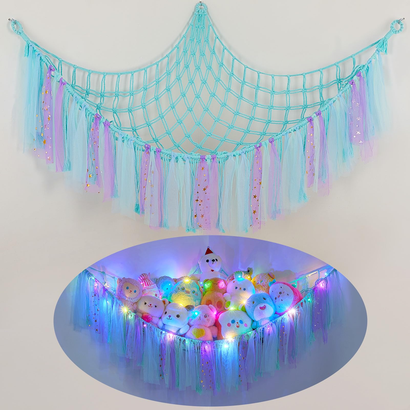 FIOBEE stuffed animals hammock with LED light brightens a child's room while organizing plush toys