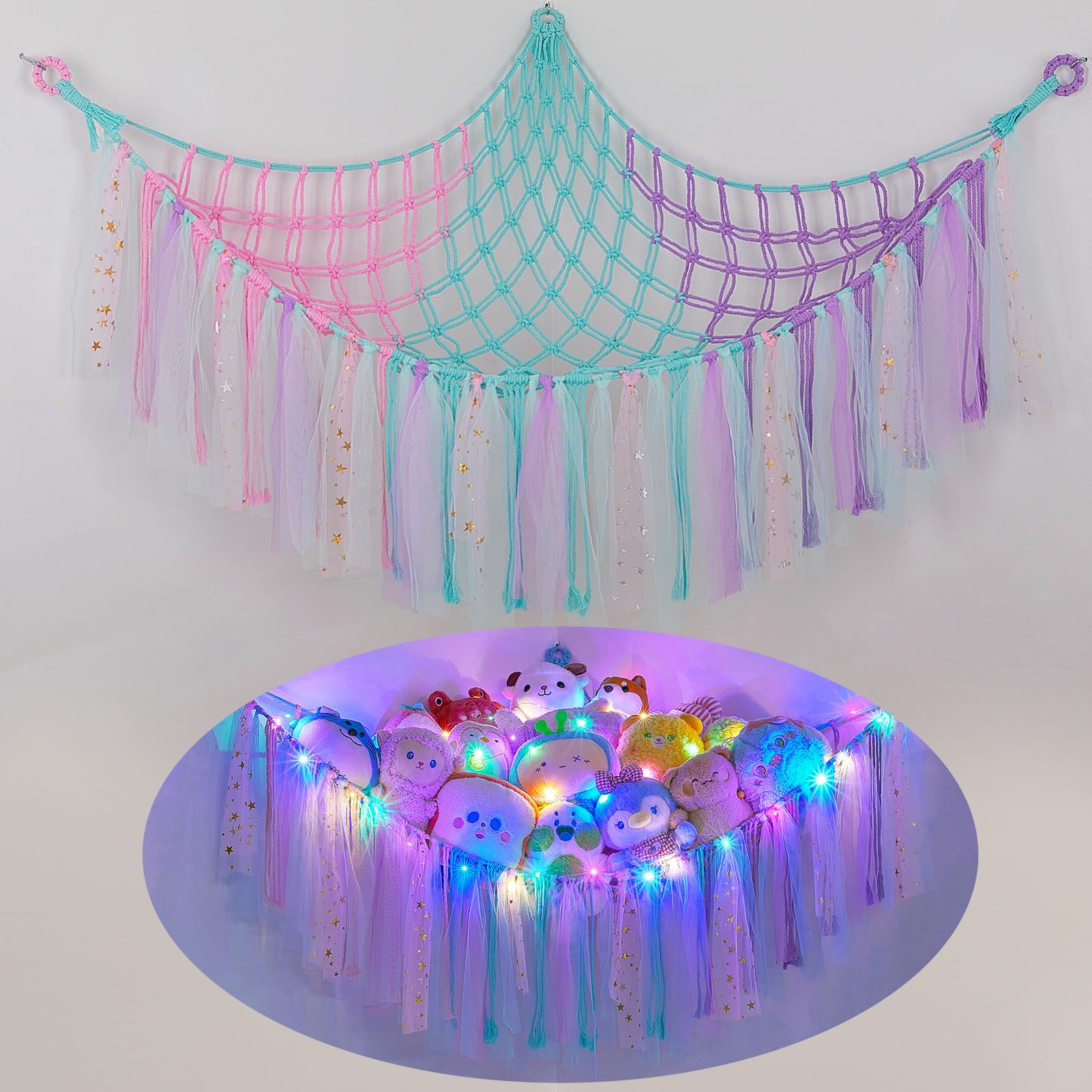 FIOBEE stuffed animals hammock with LED light brightens the nursery while organizing