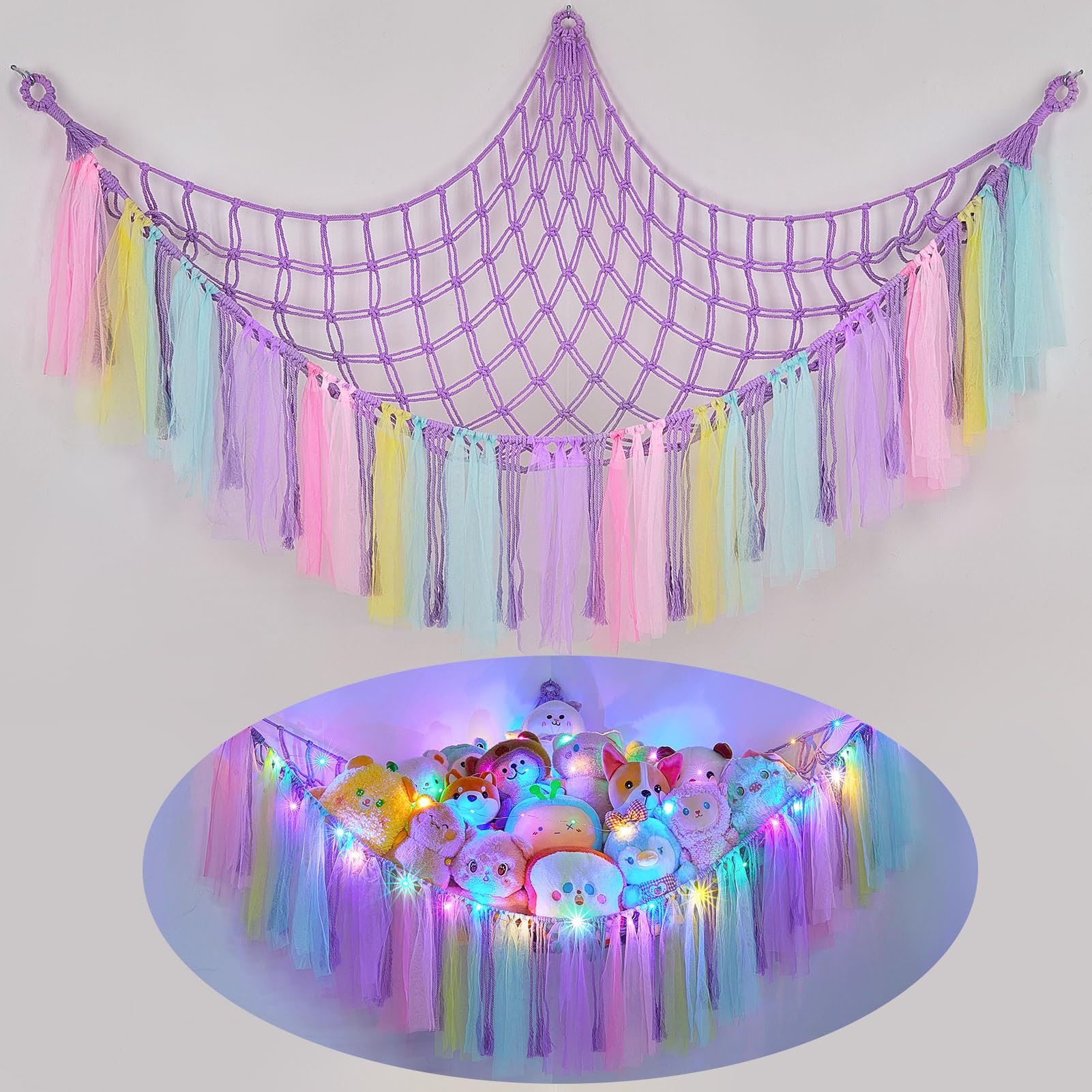 FIOBEE stuffed animals hammock with LED light keeps toys organized and adds soft illumination.