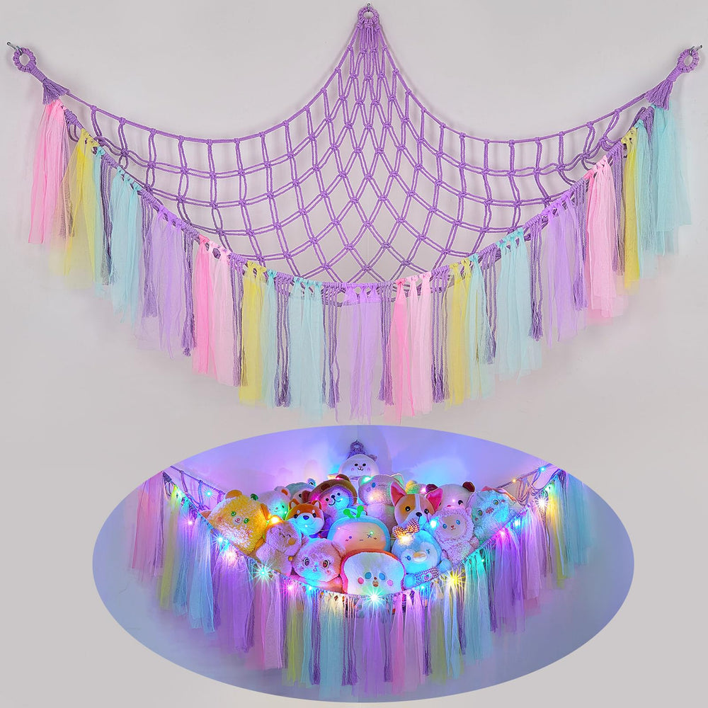 FIOBEE stuffed animals hammock with LED light keeps toys organized and adds soft illumination.