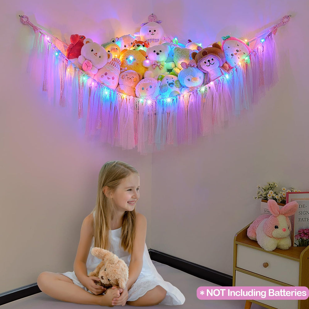 FIOBEE stuffed animals hammock with LED night light adds cozy ambiance at bedtime.