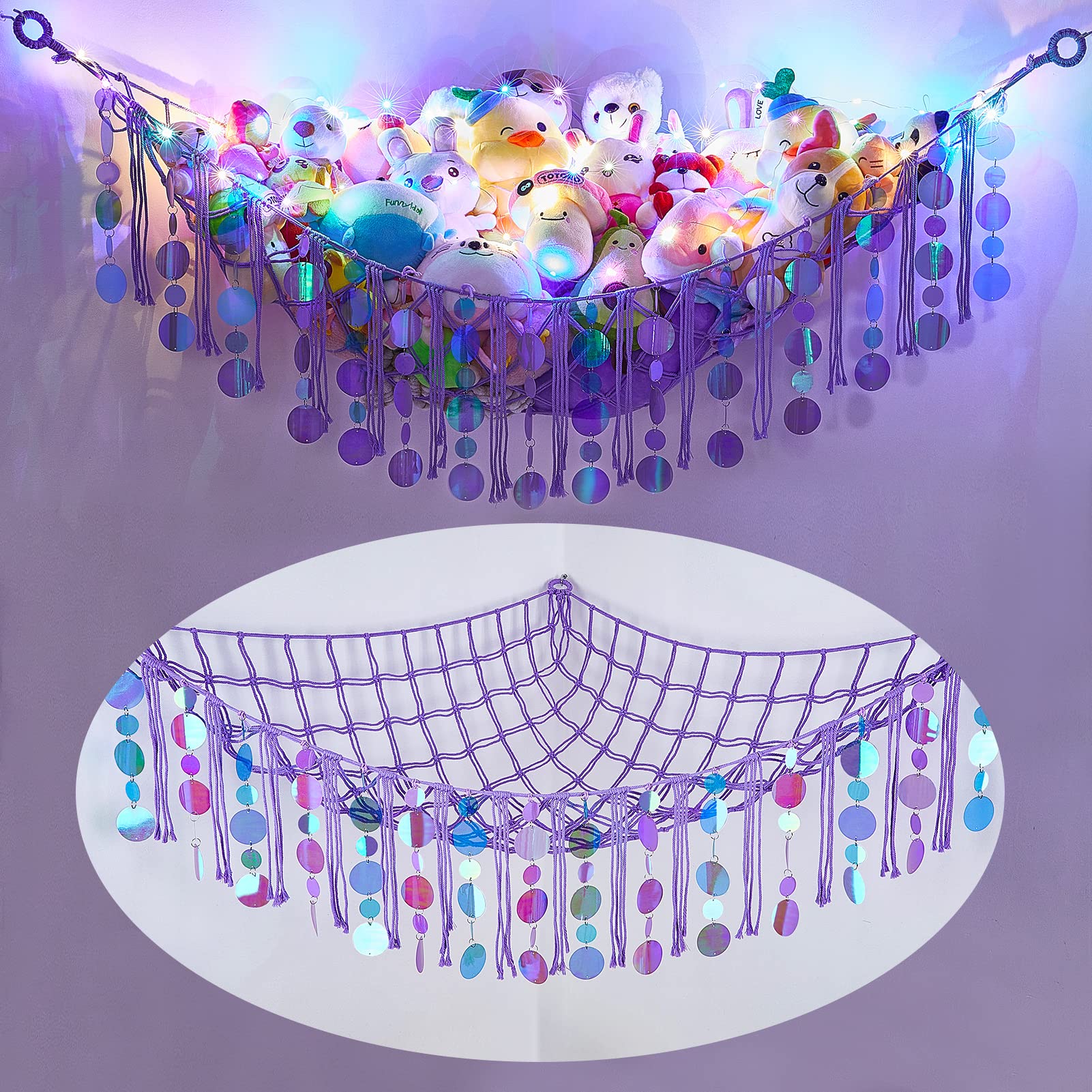 FIOBEE stuffed animals hammock with sequins front shows shimmering color in light