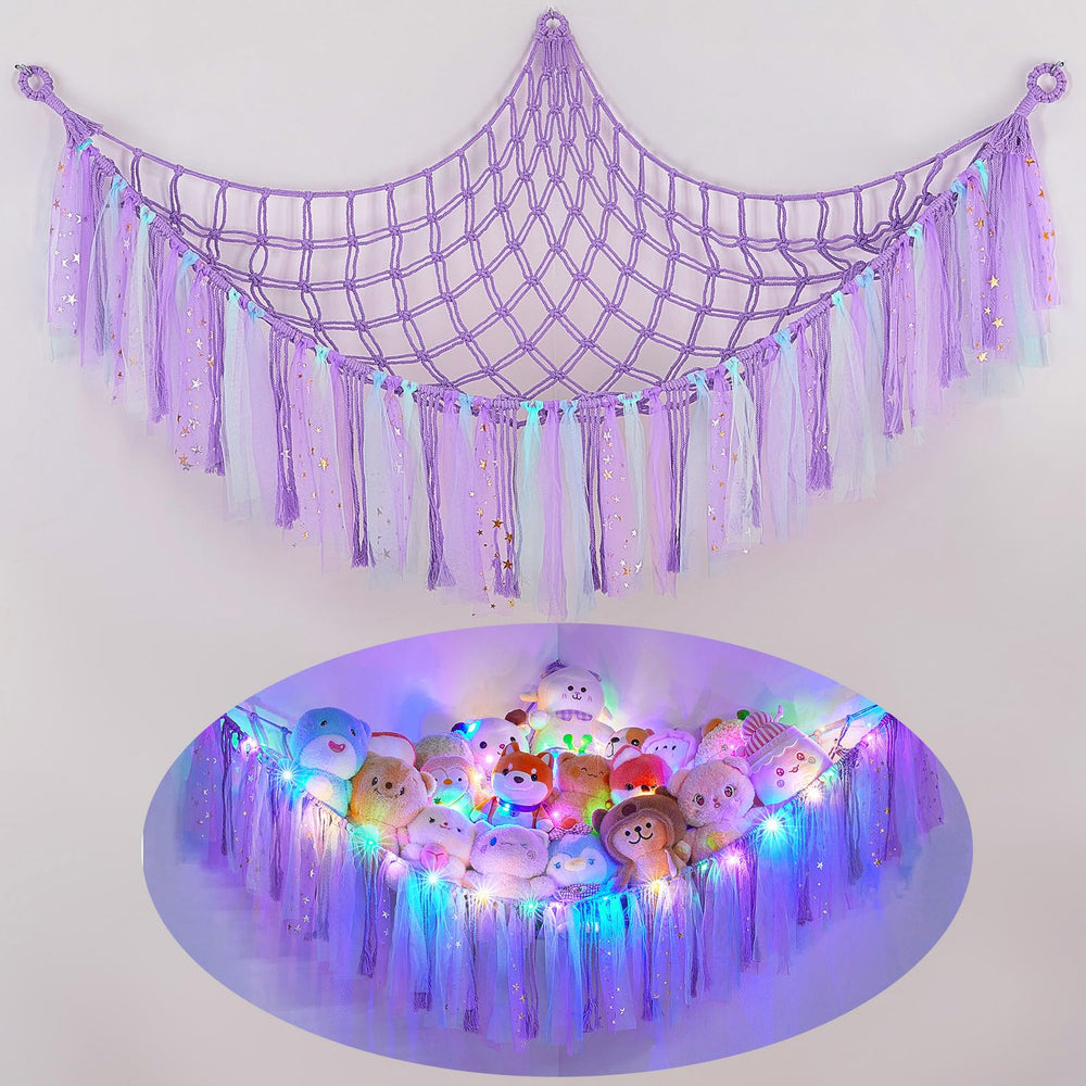Fiobee stuffed animals hammock wall-assembly demonstrates space-saving setup for nurseries.