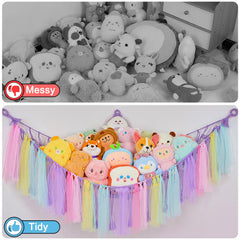 FIOBEE stuffed animals hammock mounted on wall showcasing space saving design.