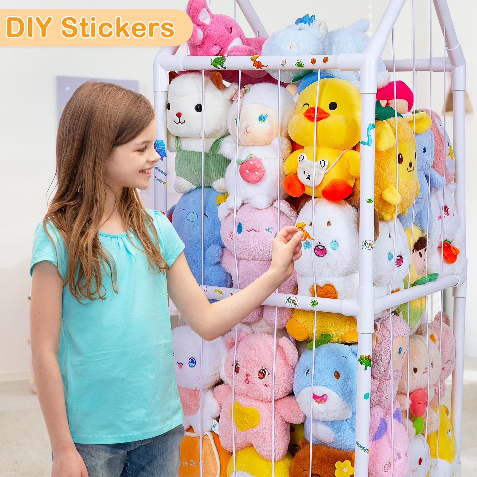 Fiobee stuffed animals storage with 360-degree wheels for moving.
