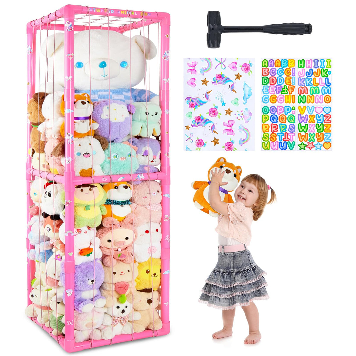 Fiobee Stuffed Animals Storage Zoo pink tube shows spacious toy organization for nurseries.
