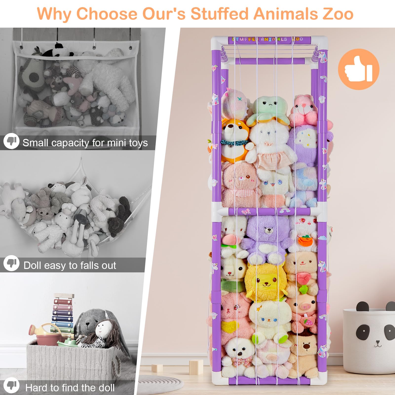 FIOBEE stuffed animals zoo cage design demonstrates space-saving vertical storage in playrooms.