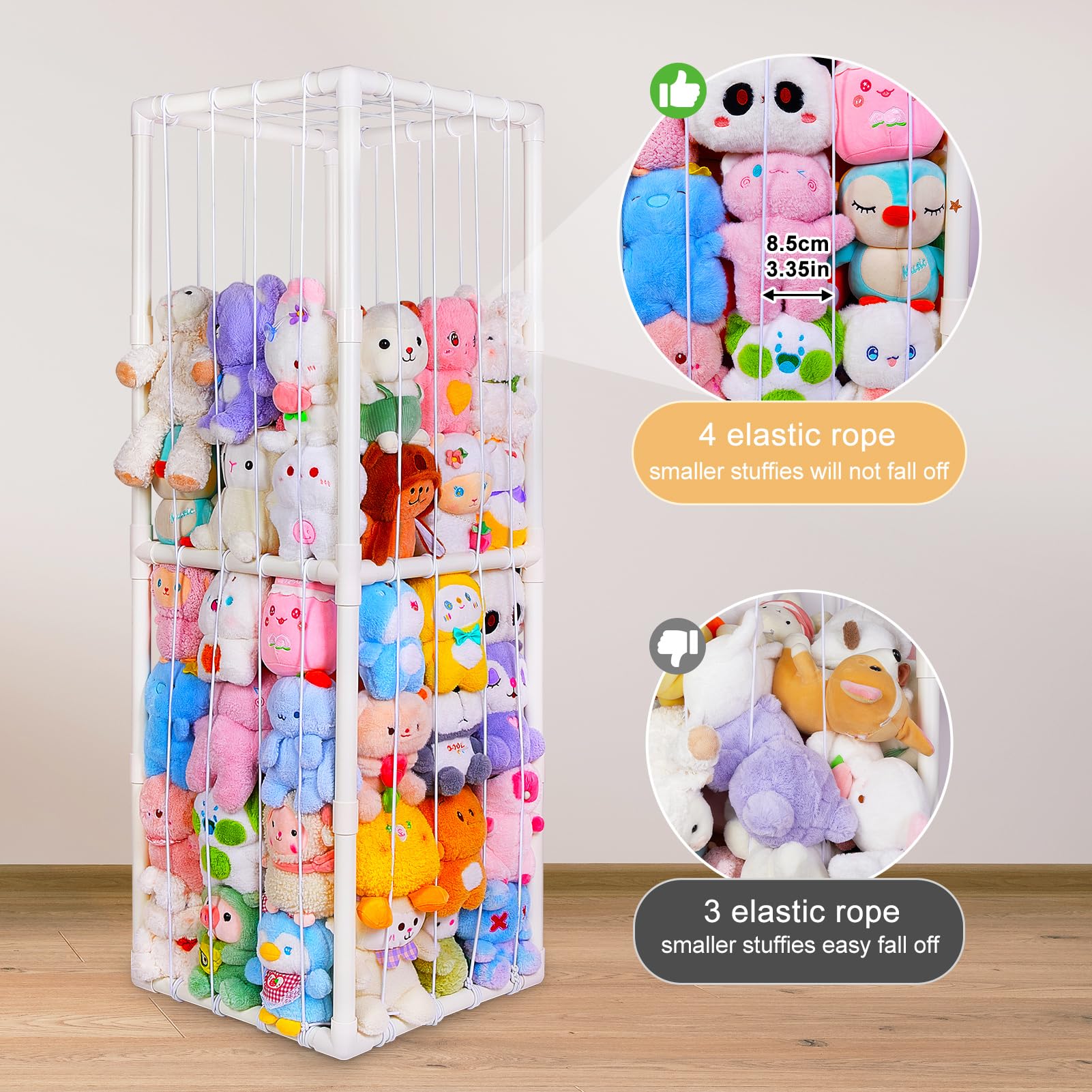 FIOBEE stuffed animals zoo elastic rope detail shows flexible, secure storage.