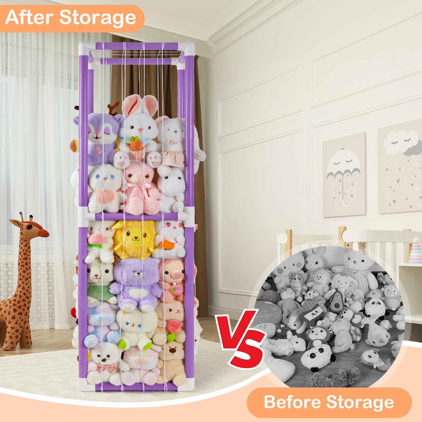 FIOBEE stuffed animals zoo fully assembled on wall-oriented setup saves floor space.