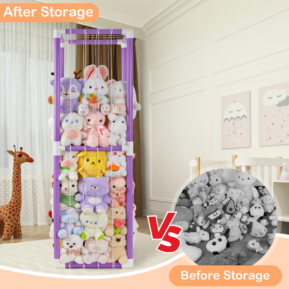 FIOBEE stuffed animals zoo fully assembled on wall-oriented setup saves floor space.