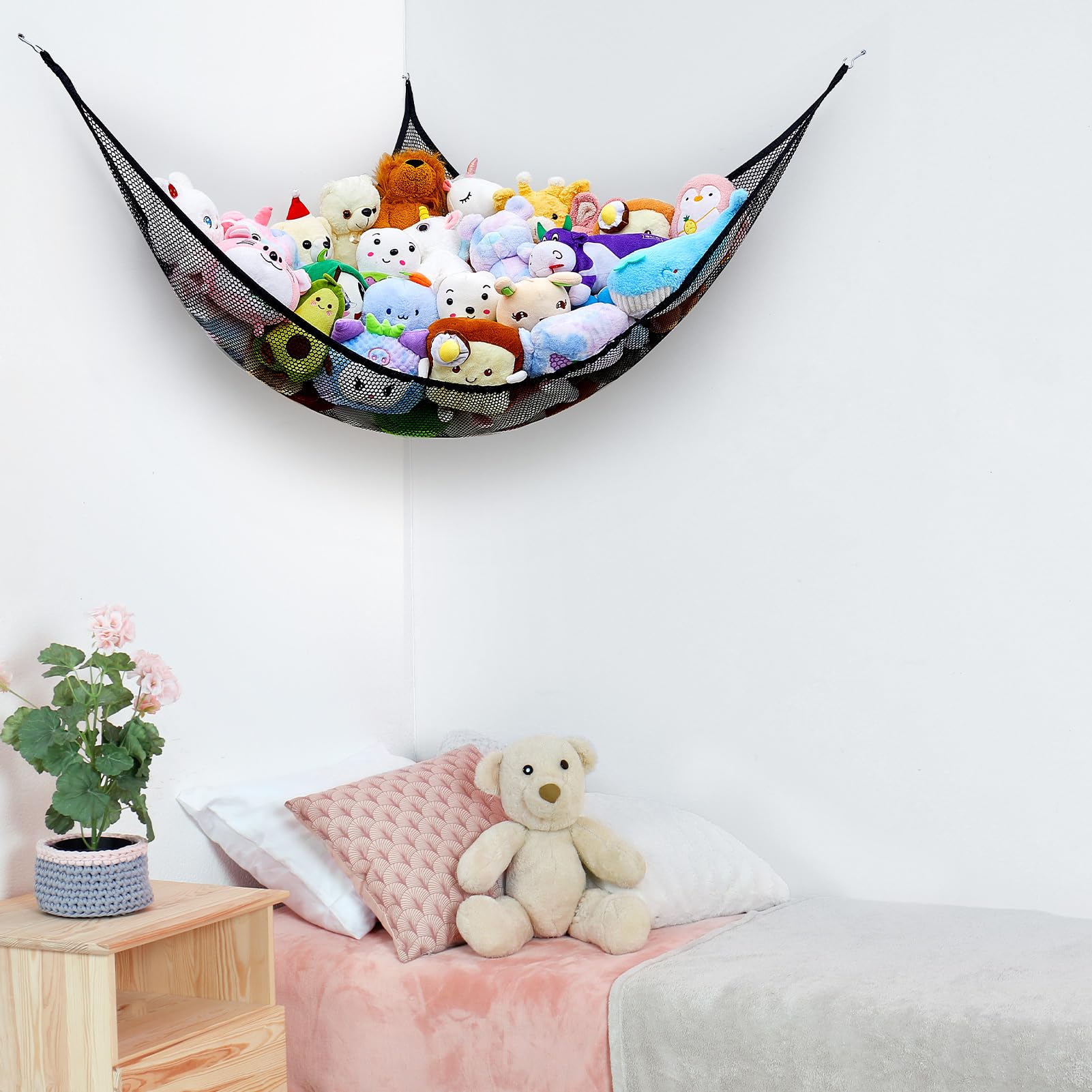 FIOBEE toy hammock hooks installed demonstrates quick mounting near crib or wall