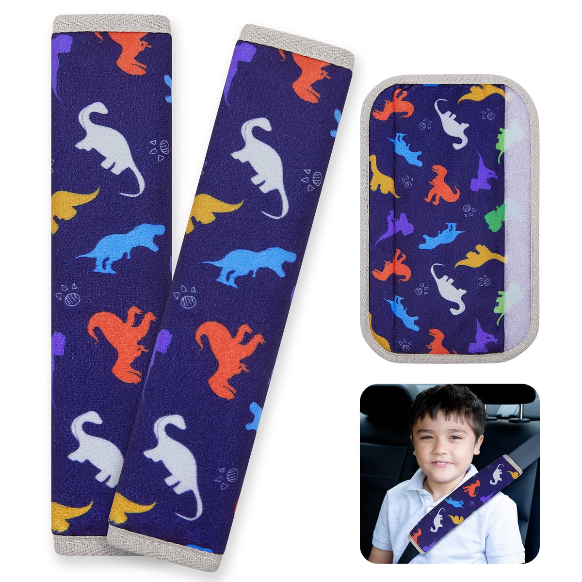 FIODAY seat belt cover front view with blue dinosaur design and gentle comfort.