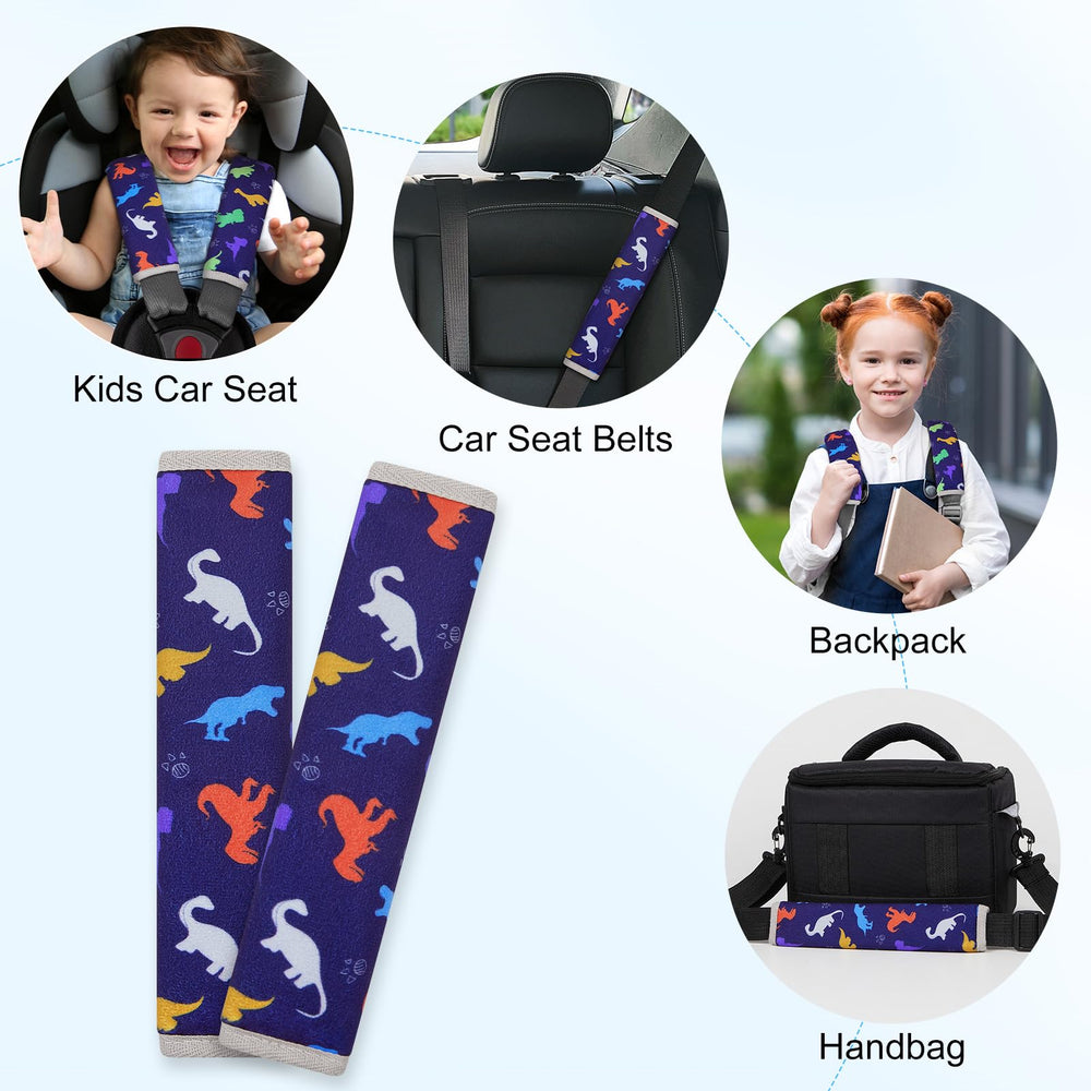 FIODAY blue dinosaur-pattern seat belt cover kit for car rides and strollers.