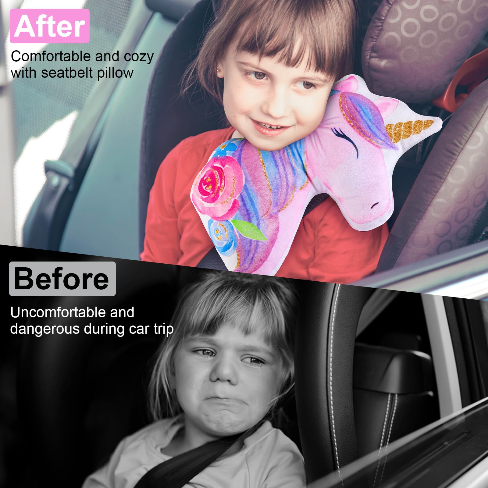 FIODAY seatbelt cover ergonomic curve supports kid's neck during car rides.