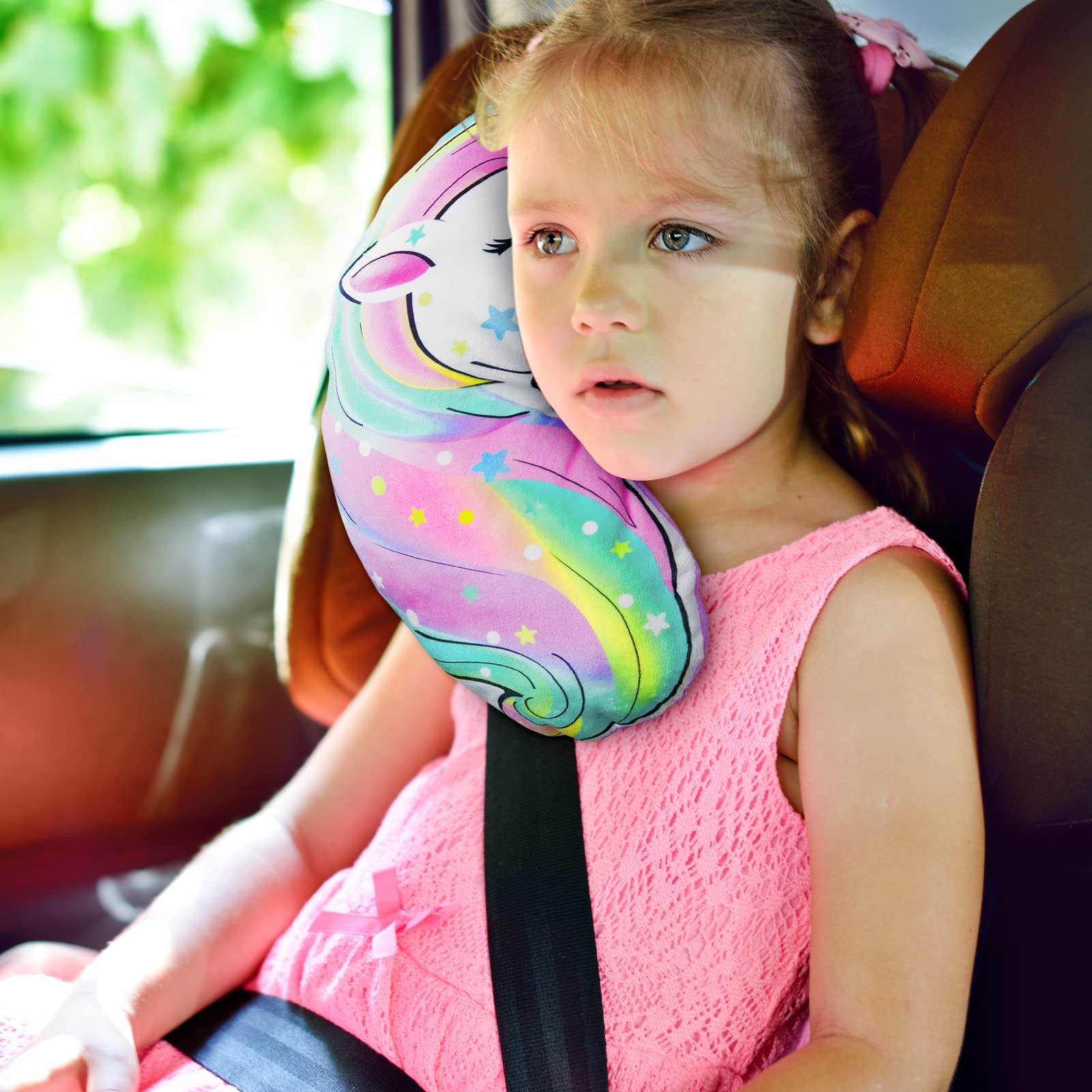 FIODAY travel-ready cushion attaches easily to seat belt.