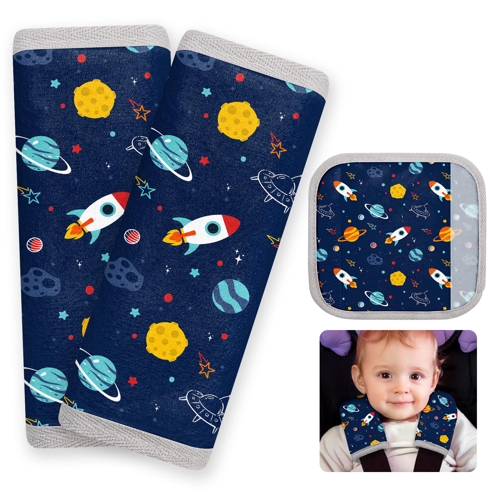 FIODAY seat belt cover pad closeup showing soft fabric for baby's comfort during car rides.
