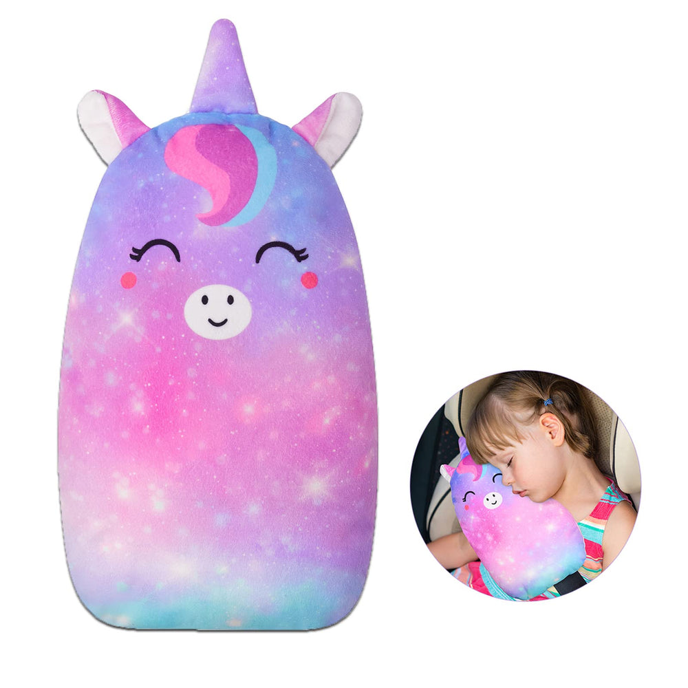 FIODAY unicorn seatbelt pillow front view showing plush cushion for comfort