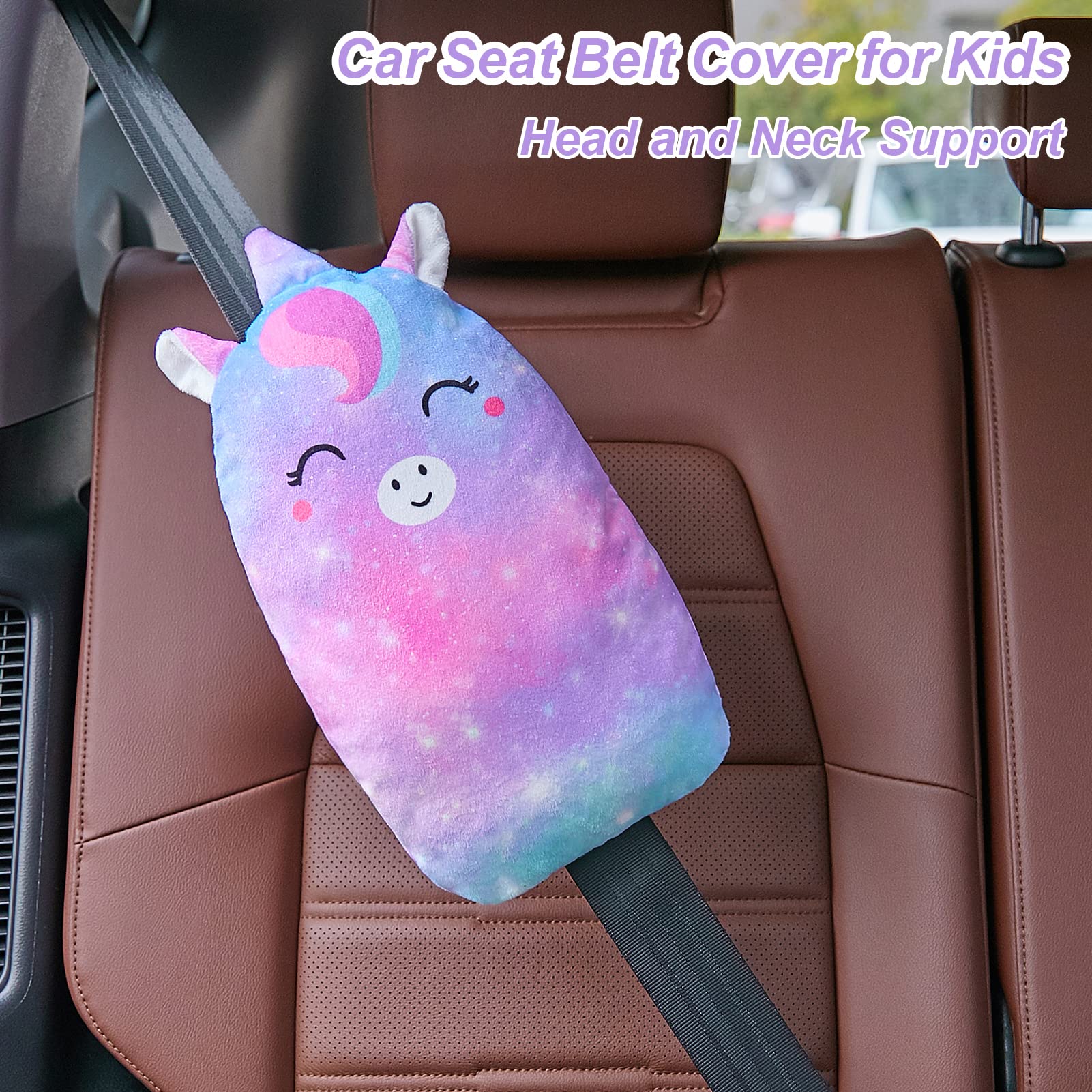 FIODAY unicorn seatbelt pillow being used by a child in a car
