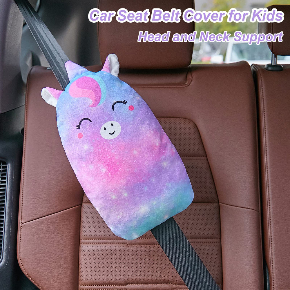 FIODAY unicorn seatbelt pillow being used by a child in a car